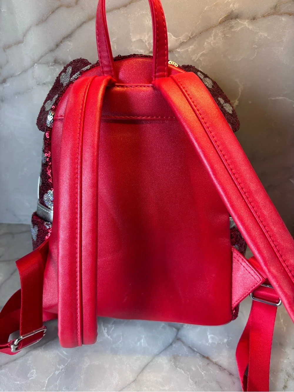 Disney Red Sequin Minnie Backpack with Silver Bow